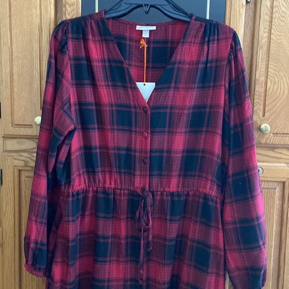 Knox Rose Festive Holiday Christmas Ruby Plaid Black V-neck Button Front Dress - Picture 10 of 11